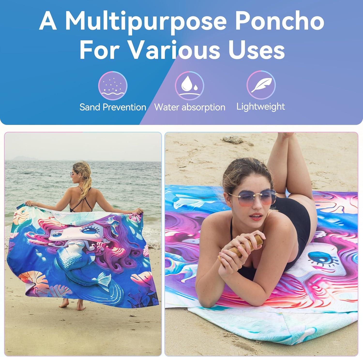 imageCatalonia Beach Towel With Hood Microfiber Hooded Swim Poncho SandFree for Kids and AdultsMermaid