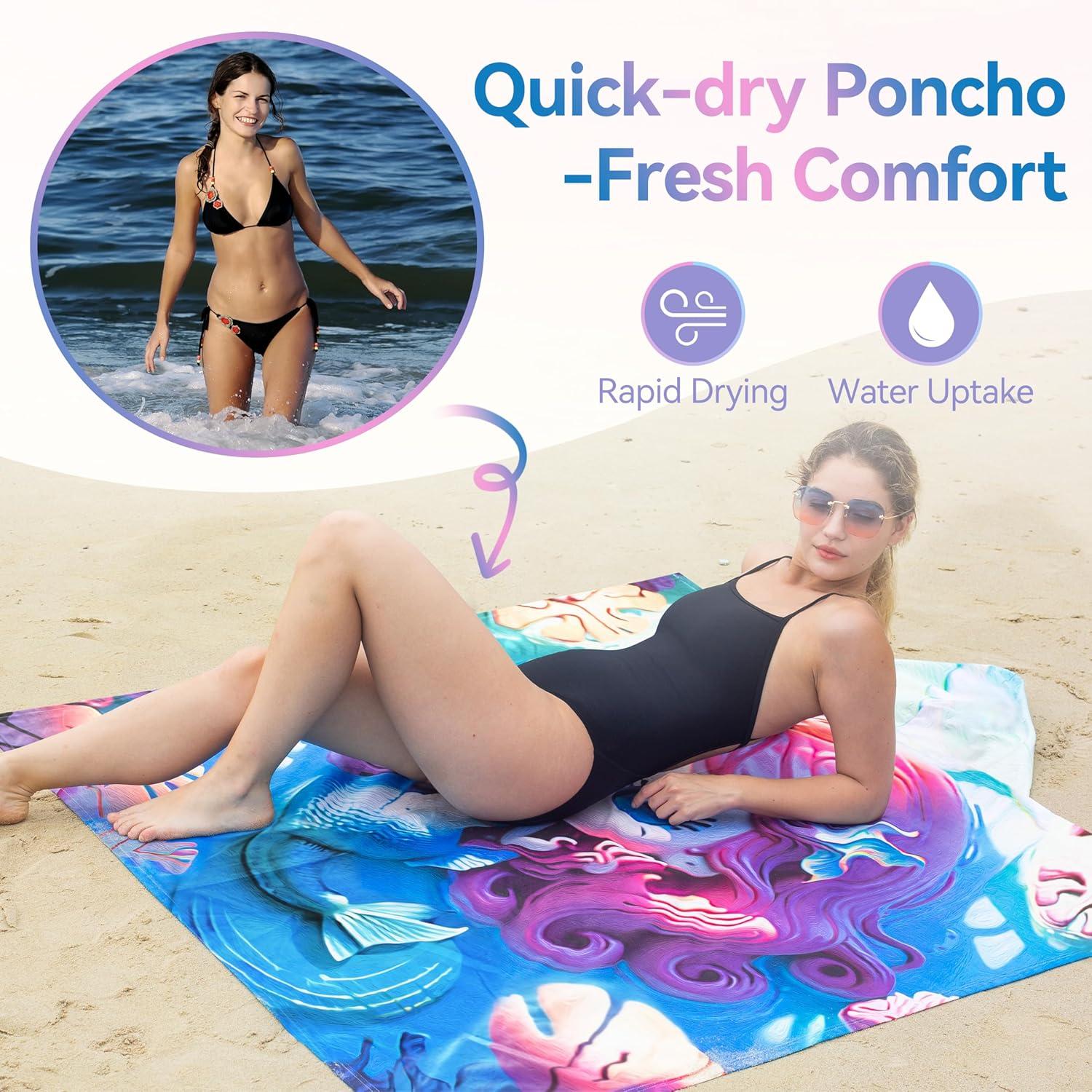 imageCatalonia Beach Towel With Hood Microfiber Hooded Swim Poncho SandFree for Kids and AdultsMermaid