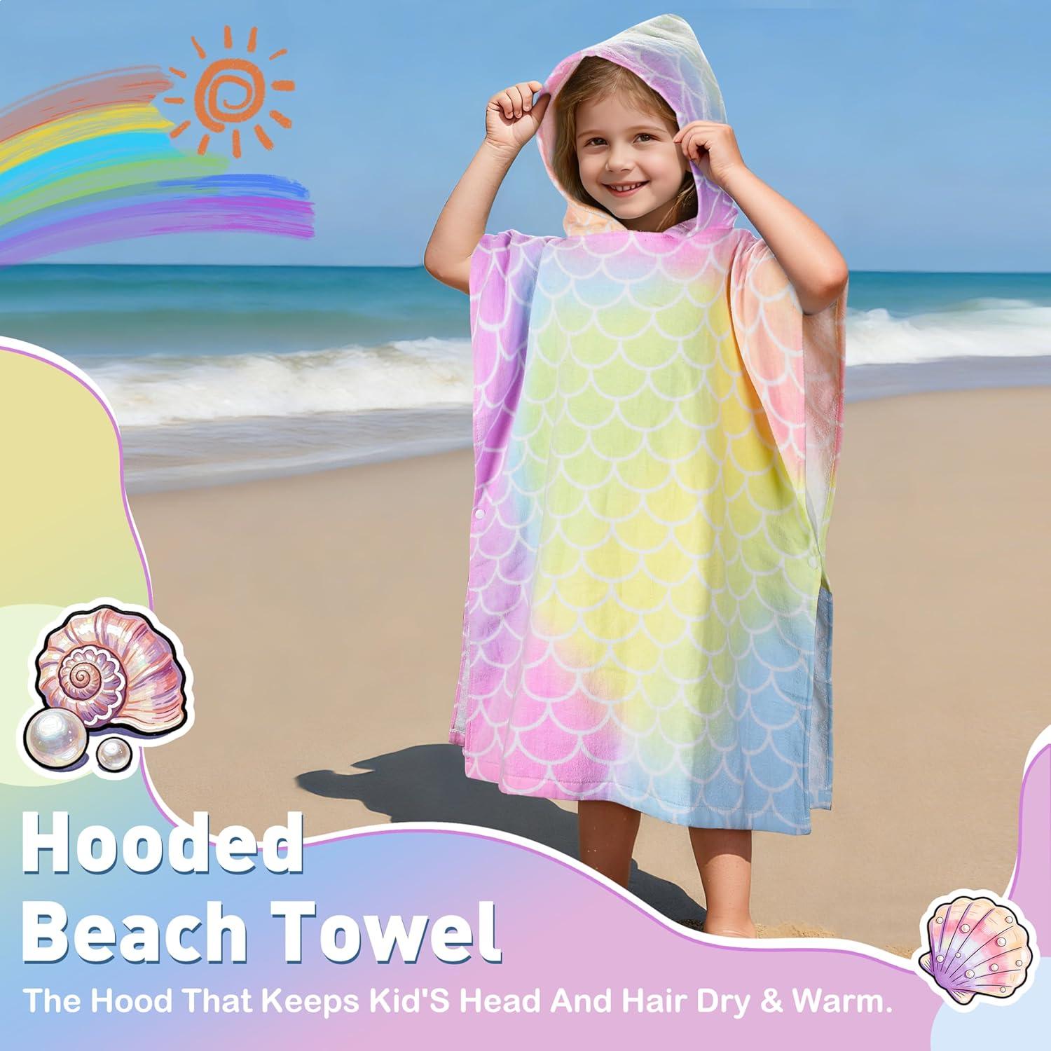 imageCatalonia Crab Kids Hooded Poncho Towel 100 Cotton Absorbent Changing Robe for Beach Pool amp Bath Cute Gifts for Toddlers Boys GirlsRainbow Mermaid