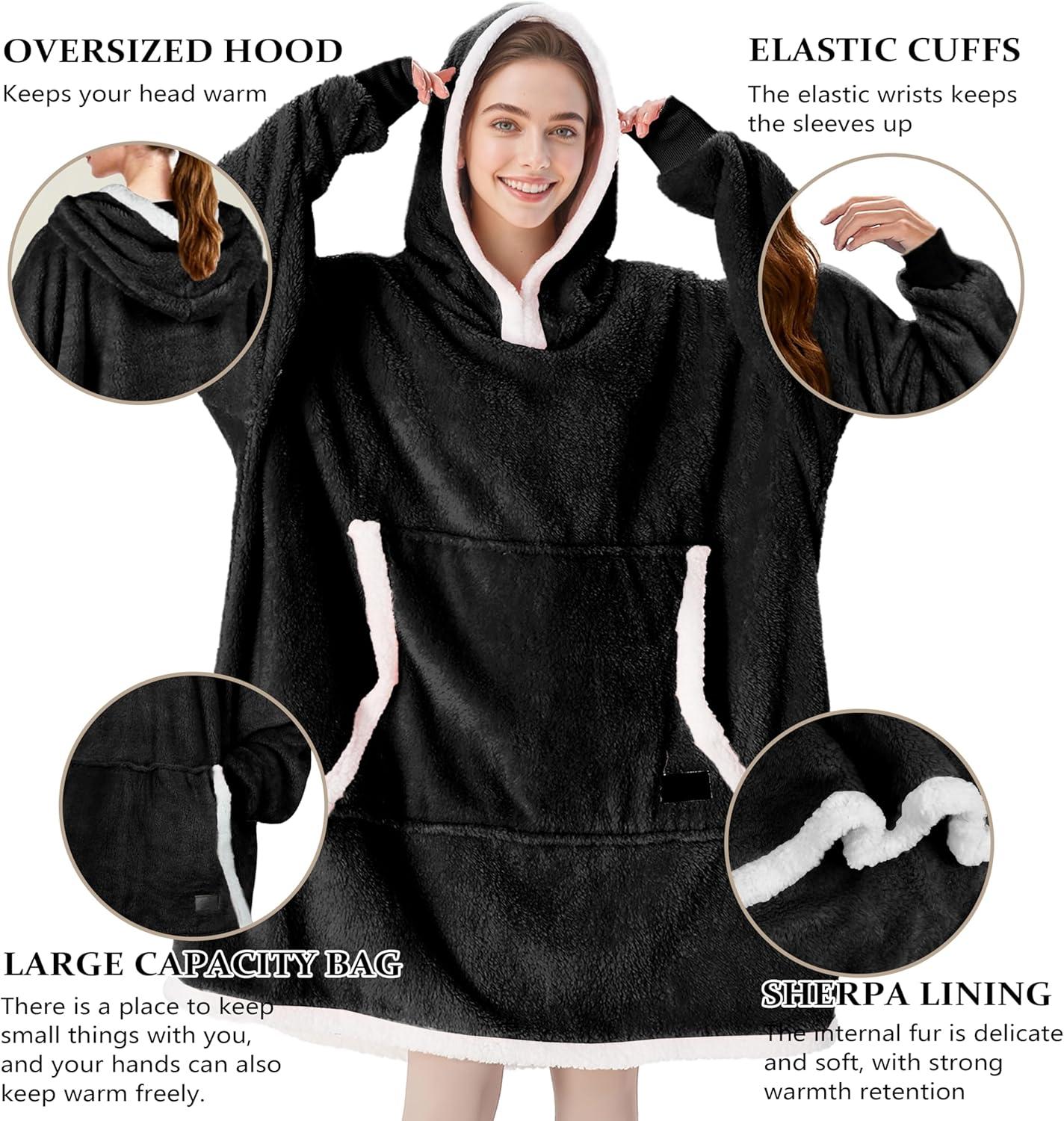 imageCatalonia Hoodie Blanket Oversized Wearable Blanket Hoodie for Women Men Sweatshirt Blanket with PocketBlack