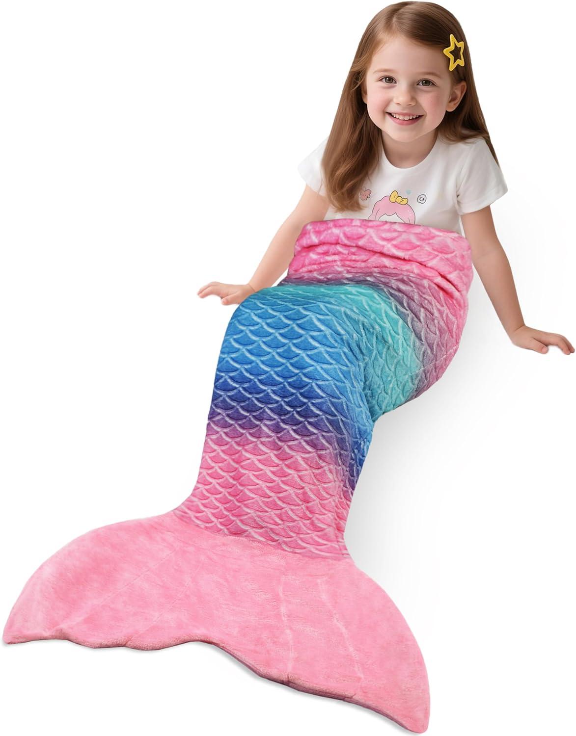 imageCatalonia Kids Mermaid Tail Blanket Super Soft Plush Flannel Sleeping Snuggle Blanket for Girls Rainbow Ombre Birthday Gift for Daughter