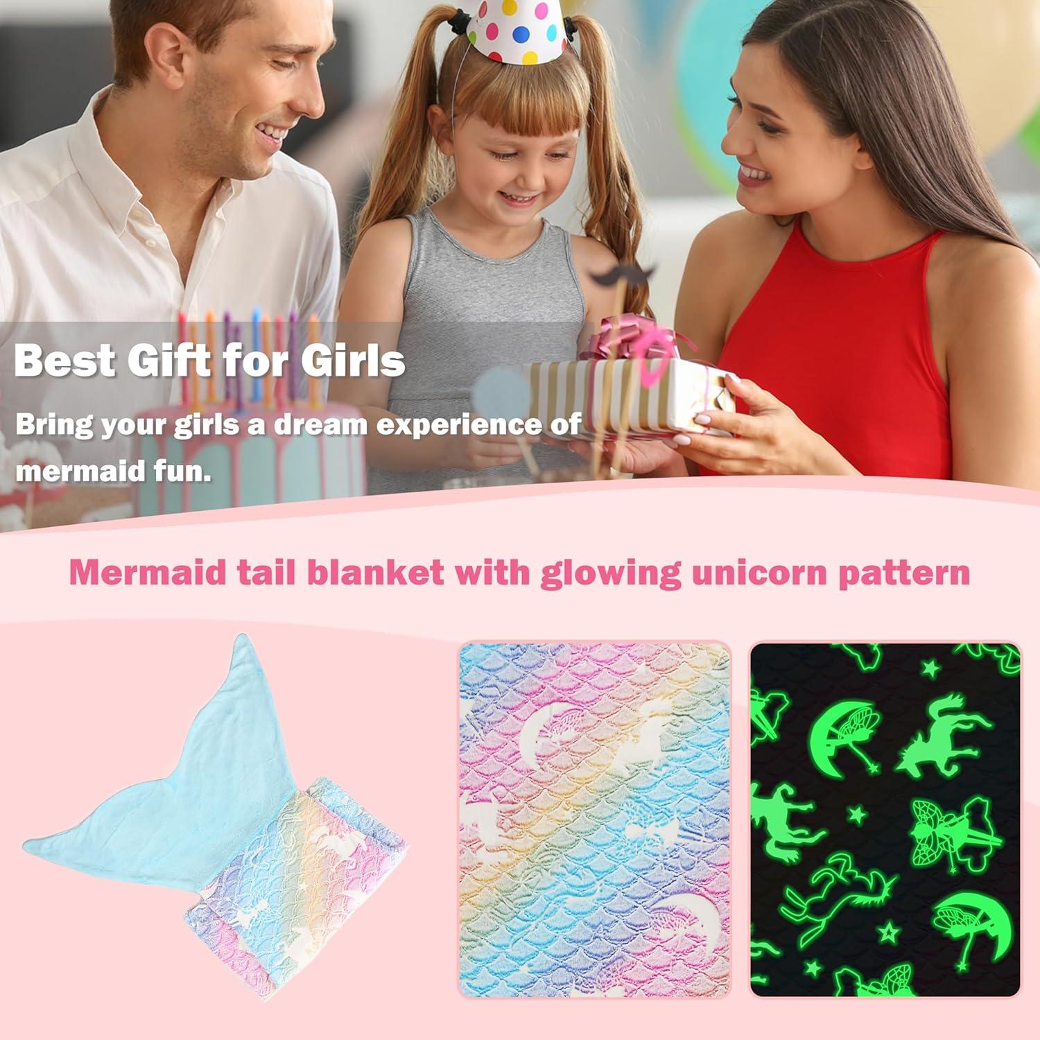 imageCatalonia Kids Mermaid Tail Blanket Super Soft Plush Flannel Sleeping Snuggly Blanket for Girls Galaxy Fish Scale Pattern Kids Gift IdeaGlow in the Darkblue