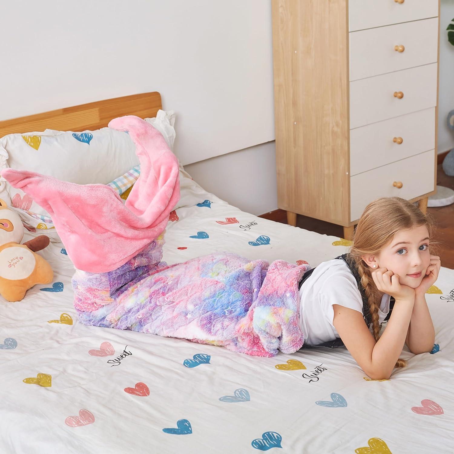 imageCatalonia Kids Mermaid Tail Blanket Super Soft Plush Flannel Sleeping Snuggly Blanket for Girls Galaxy Fish Scale Pattern Kids Gift IdeaGlow in the Darkstarrysky
