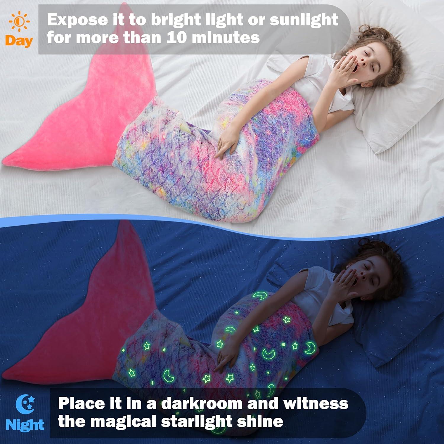 imageCatalonia Kids Mermaid Tail Blanket Super Soft Plush Flannel Sleeping Snuggly Blanket for Girls Galaxy Fish Scale Pattern Kids Gift IdeaGlow in the Darkstarrysky