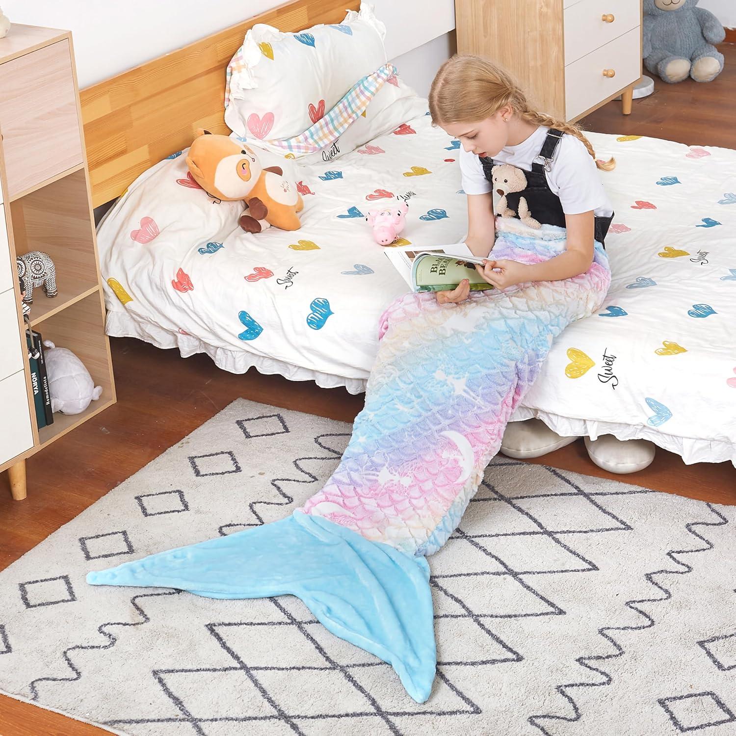 imageCatalonia Kids Mermaid Tail Blanket Super Soft Plush Flannel Sleeping Snuggly Blanket for Girls Galaxy Fish Scale Pattern Kids Gift IdeaGlow in the Darkblue