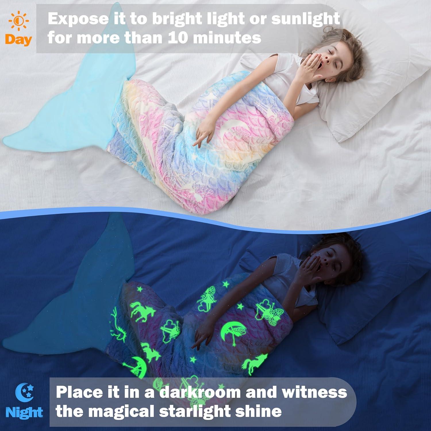 imageCatalonia Kids Mermaid Tail Blanket Super Soft Plush Flannel Sleeping Snuggly Blanket for Girls Galaxy Fish Scale Pattern Kids Gift IdeaGlow in the Darkblue