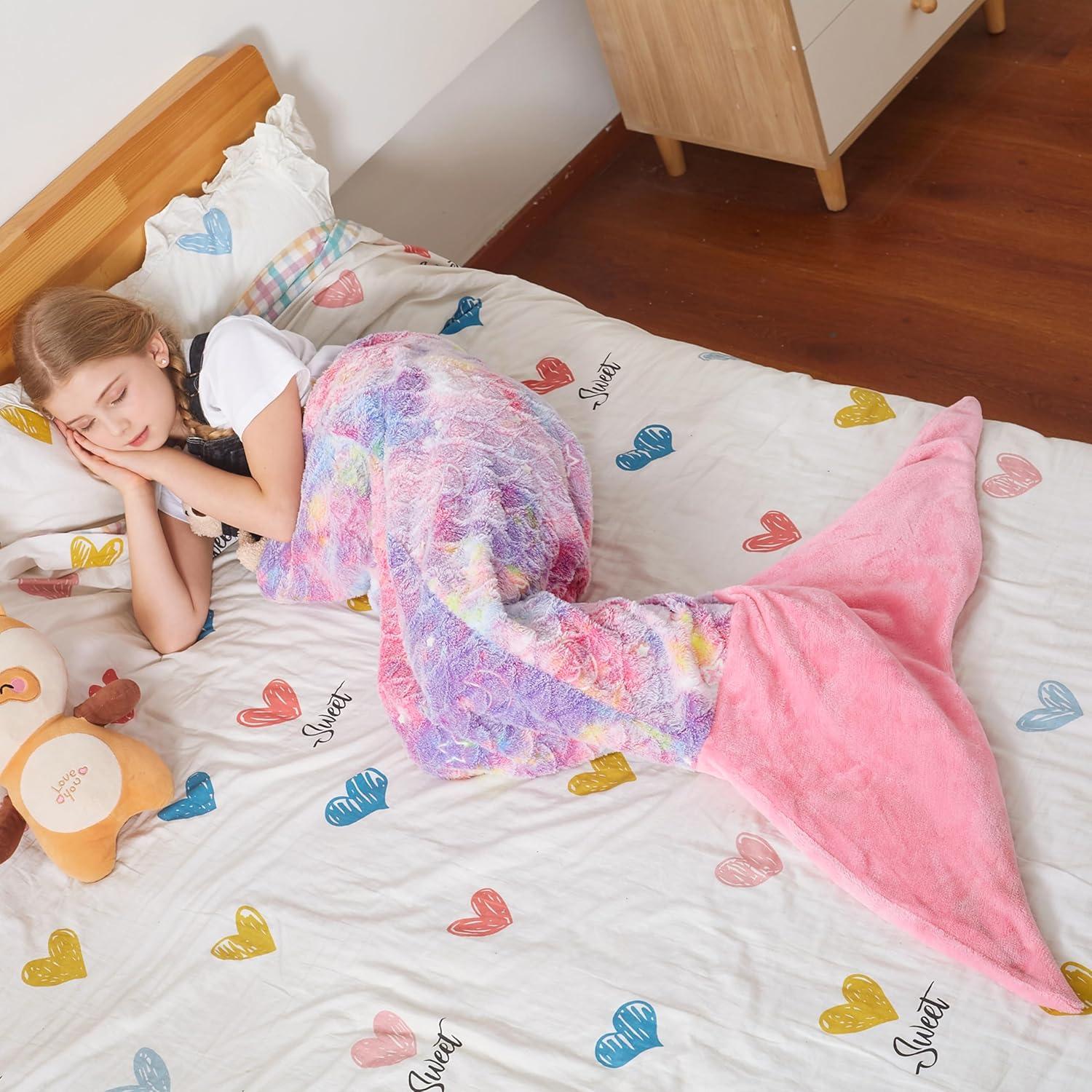 imageCatalonia Kids Mermaid Tail Blanket Super Soft Plush Flannel Sleeping Snuggly Blanket for Girls Galaxy Fish Scale Pattern Kids Gift IdeaGlow in the Darkstarrysky