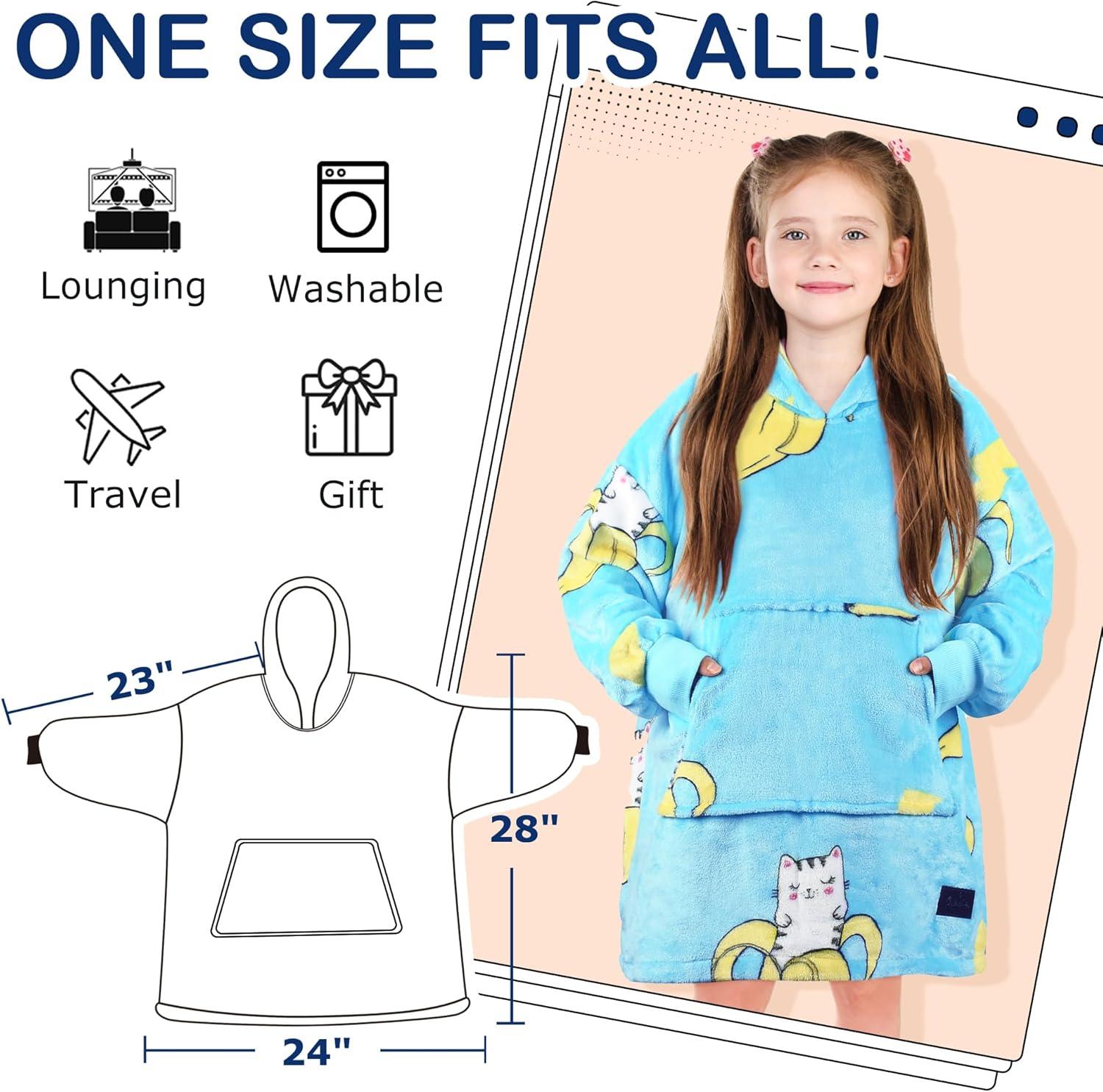 imageCatalonia Oversized Blanket Hoodie for Kids Wearable Fleece Sweatshirt Pullover with Large Front Pocket 412 Years Boy GirlBanana Cat Blue