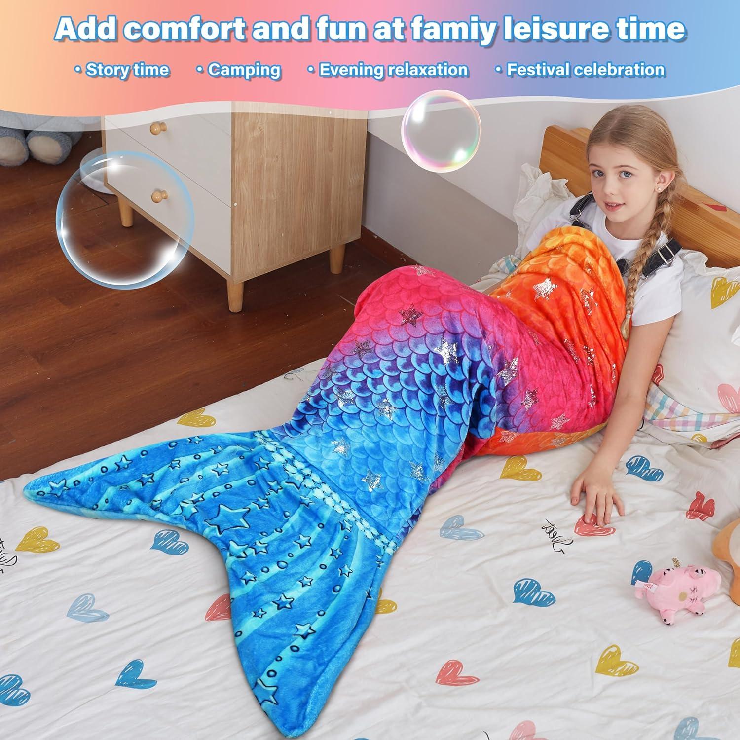 imageCatalonia Ultra Soft Mermaid Tail Blanket for Kids Fish Tail Snuggly Blanket Cozy Fleece Mermaid Gift for Girls ToddlersRainbow Sparkling Stars