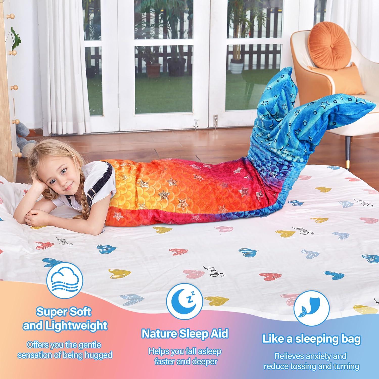 imageCatalonia Ultra Soft Mermaid Tail Blanket for Kids Fish Tail Snuggly Blanket Cozy Fleece Mermaid Gift for Girls ToddlersRainbow Sparkling Stars