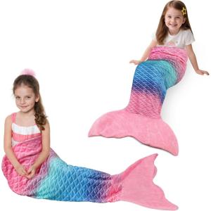 Catalonia Kids Mermaid Tail Blanket, Super Soft Plush Flannel Sleeping Snuggle Blanket for Girls, Rainbow Ombre, Birthday Gift for Daughter