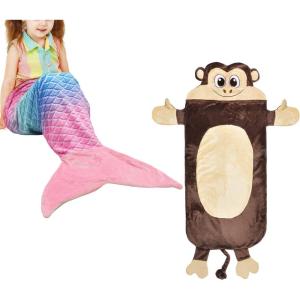 Catalonia Kids Snuggle Tail Blanket, Super Soft Plush Flannel Sleeping Blanket for Girls, Gift Idea (Mermaid + Monkey)