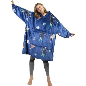 Catalonia Oversized Blanket Hoodie Sweatshirt, Fleece Pullover with Large Front Pocket, for Adults Men Women(Ski Cat Blue)