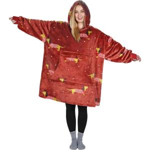 Catalonia Oversized Blanket Hoodie Sweatshirt, Fleece Pullover with Large Front Pocket, for Adults Men Women(Xmas Dachshund Wine)