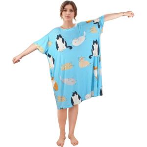 Catalonia Oversized Summer Cool Nightgowns for Women, Plus Size Sleep Shirts Dress, Long Sleepwear, Gift for Her, XS – 5XL(Blue Cat)