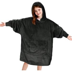 Catalonia Wearable Blanket Hoodie for Kids – Oversized Warm Cozy Hooded Blanket – Sweatshirt Blanket with Pocket & Sleeves(Black)