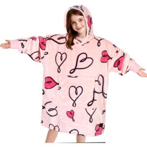 Catalonia Wearable Blanket Hoodie for Kids – Oversized Warm Cozy Hooded Blanket – Sweatshirt Blanket with Pocket & Sleeves(Loveart Pink)