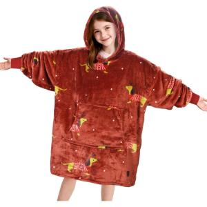 Catalonia Wearable Blanket Hoodie for Kids – Oversized Warm Cozy Hooded Blanket – Sweatshirt Blanket with Pocket & Sleeves(Xmasdachshund Wine)