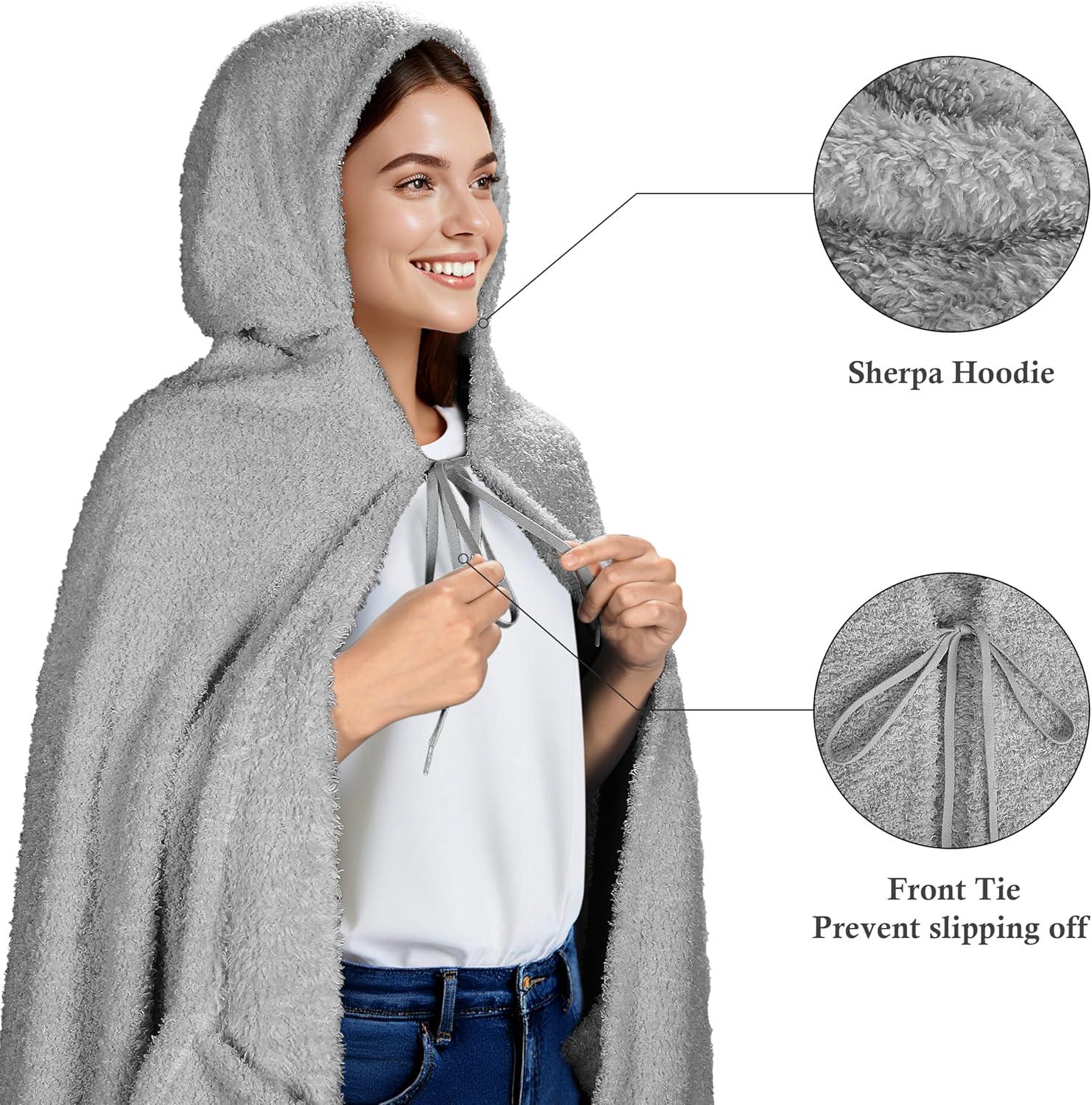 imageCatalonia Hooded Wearable Blanket Poncho for Adults Lightweight Fleece Cape with Hand Pockets Cozy Plush Wrap Gifts IdeasGrey