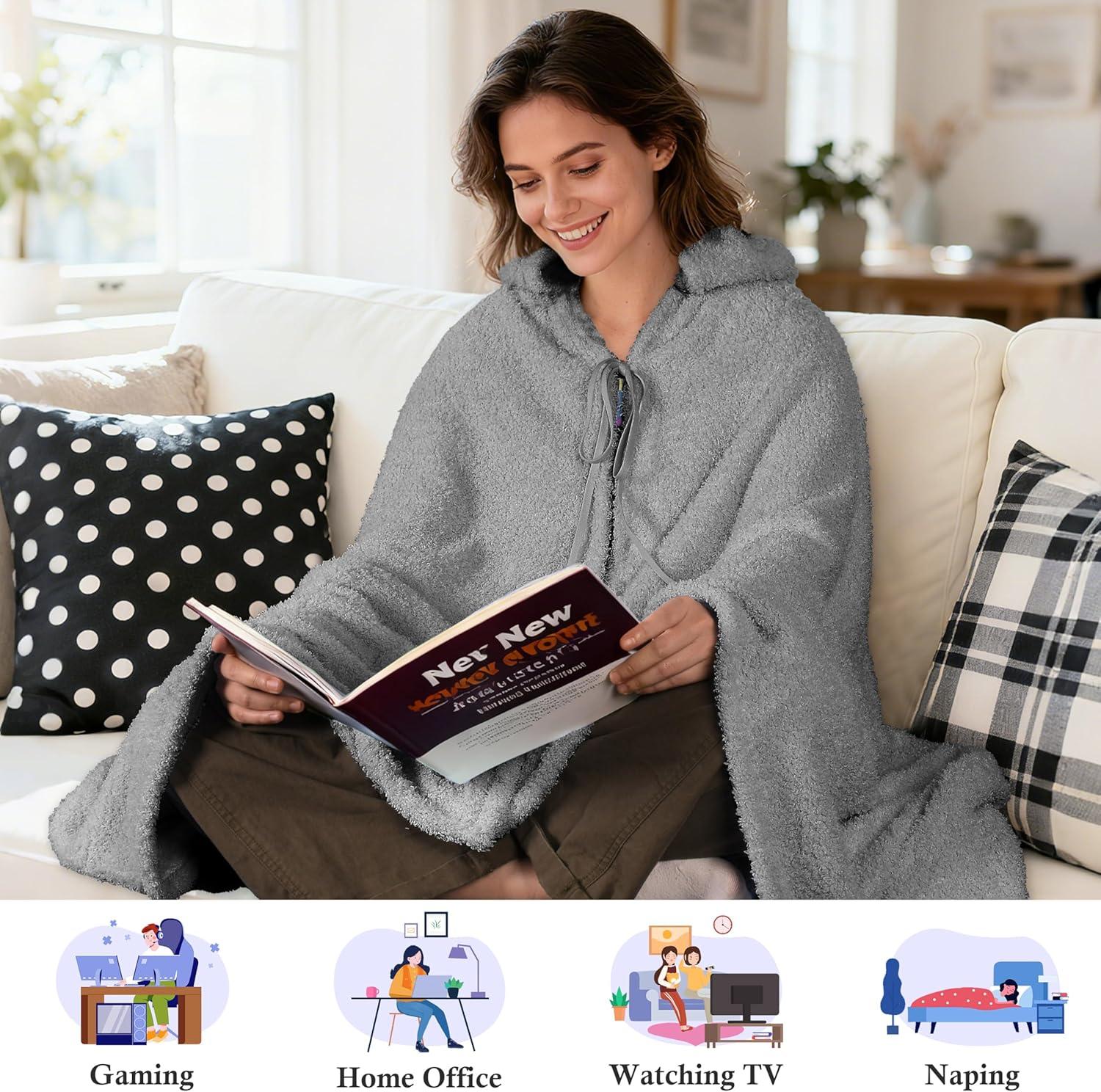 imageCatalonia Hooded Wearable Blanket Poncho for Adults Lightweight Fleece Cape with Hand Pockets Cozy Plush Wrap Gifts IdeasGrey