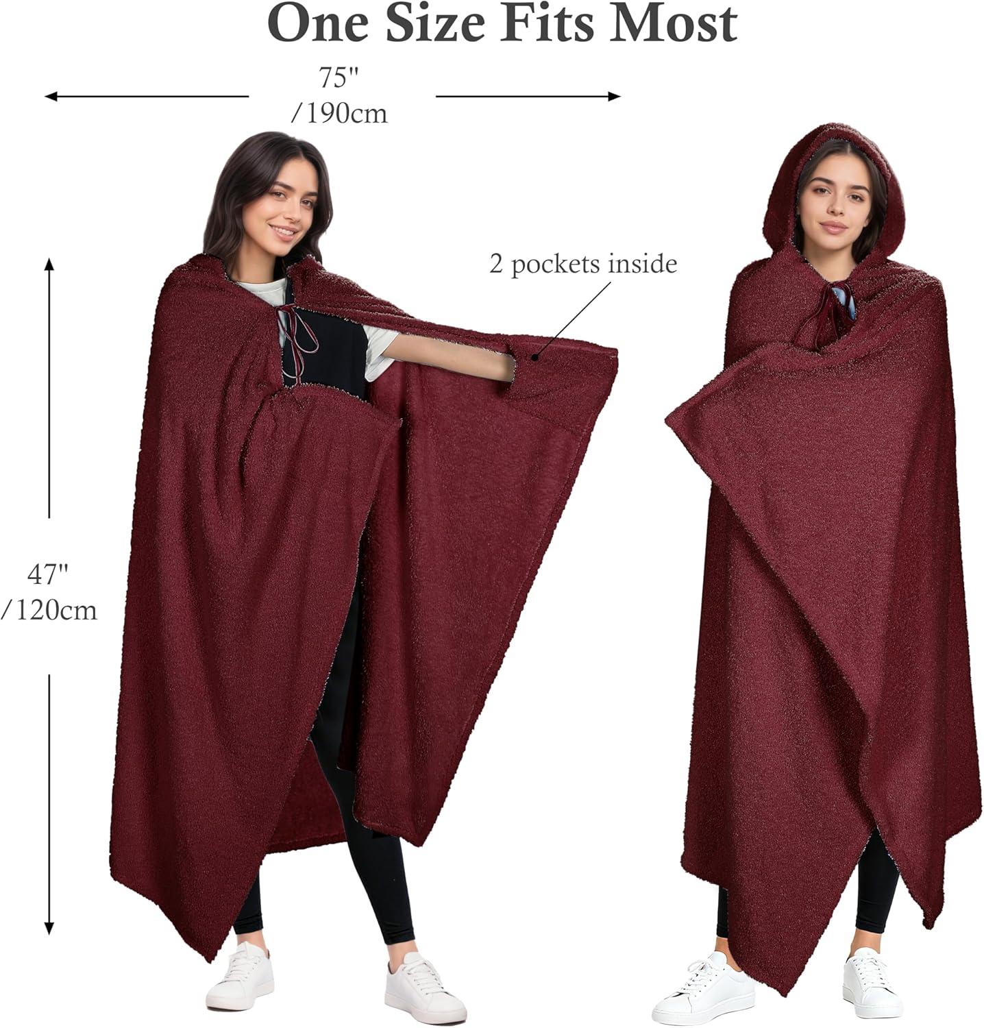 imageCatalonia Hooded Wearable Blanket Poncho for Adults Lightweight Fleece Cape with Hand Pockets Cozy Plush Wrap Gifts IdeasWine