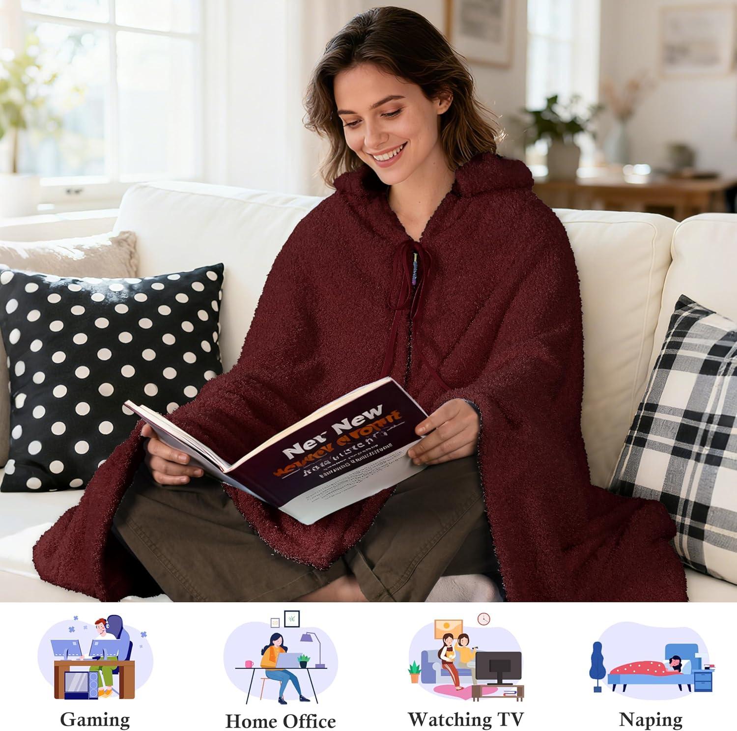 imageCatalonia Hooded Wearable Blanket Poncho for Adults Lightweight Fleece Cape with Hand Pockets Cozy Plush Wrap Gifts IdeasWine