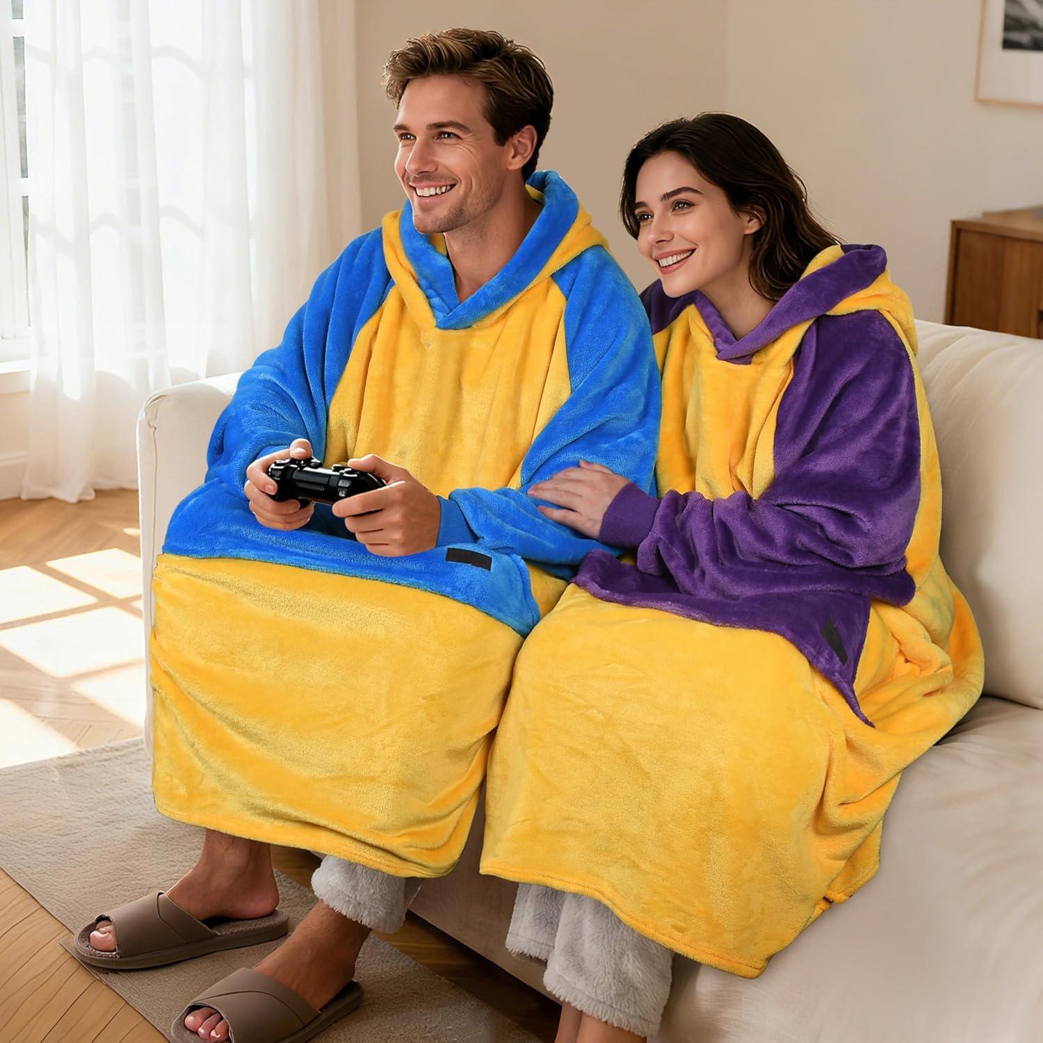imageCatalonia Oversized Blanket Hoodie Sweatshirt Fleece Pullover with Large Front Pocket for Adults Men WomenPurple and Gold Sportsankle Length