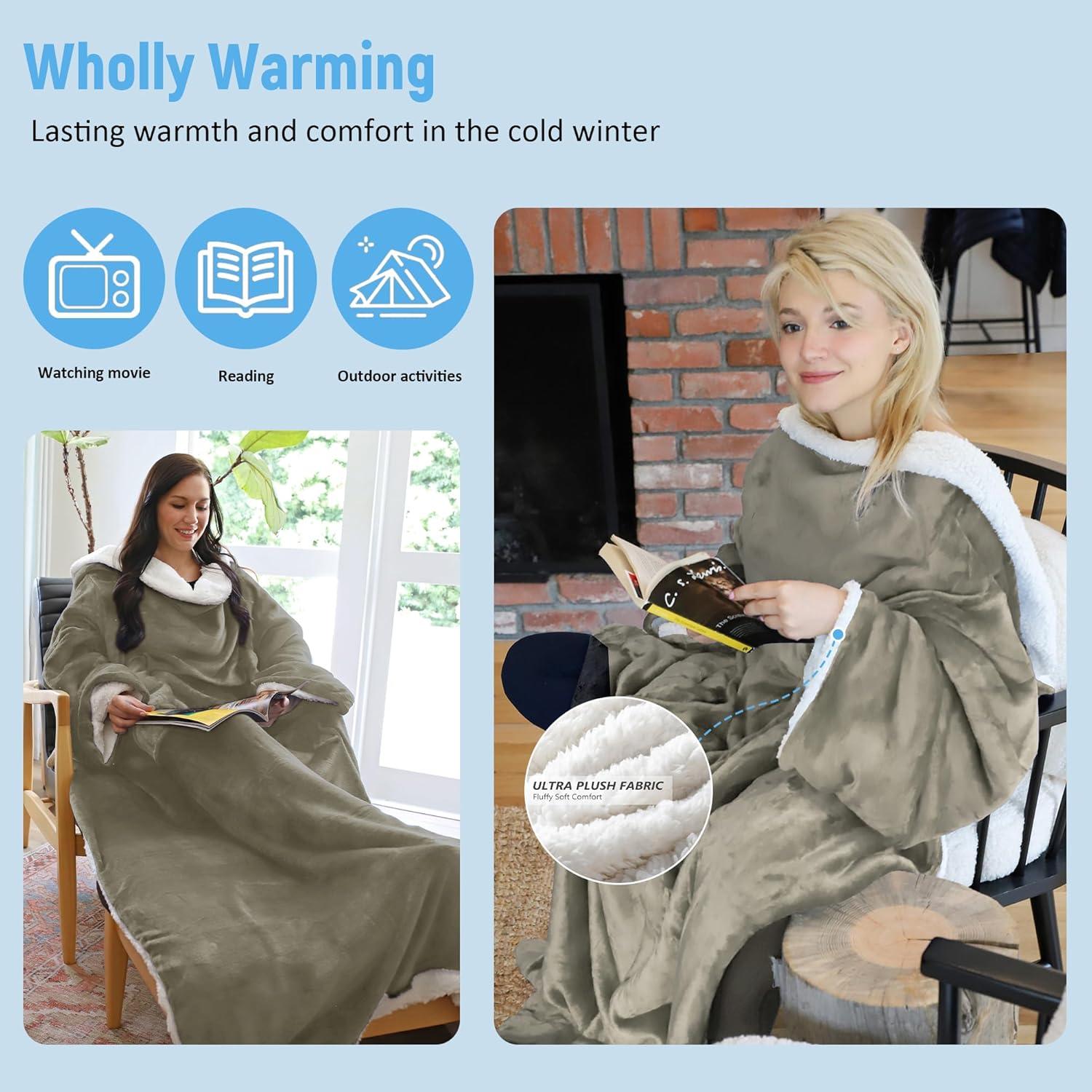 imageCatalonia Sherpa Wearable Blanket with Sleeves ArmsCamel