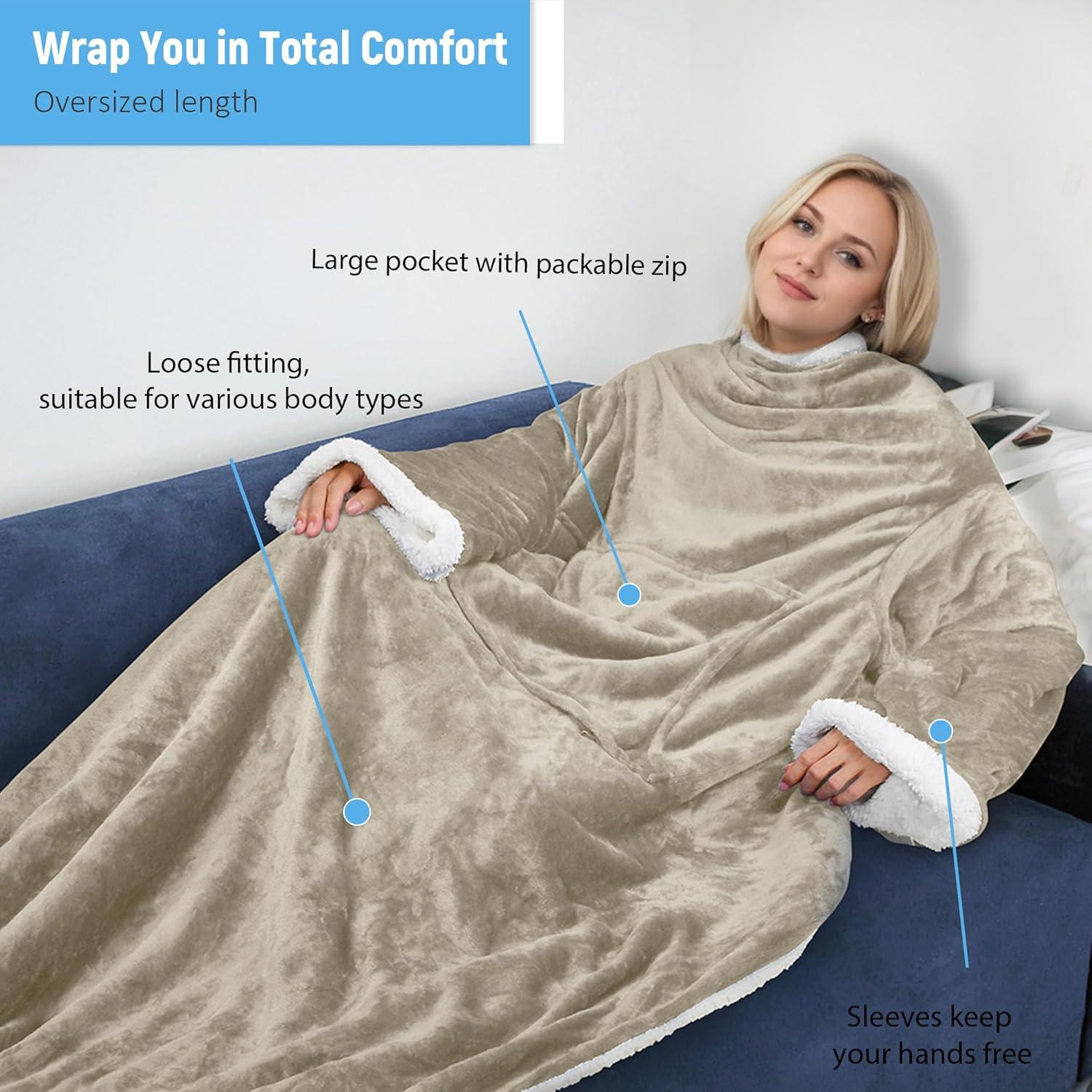 imageCatalonia Sherpa Wearable Blanket with Sleeves ArmsCamel