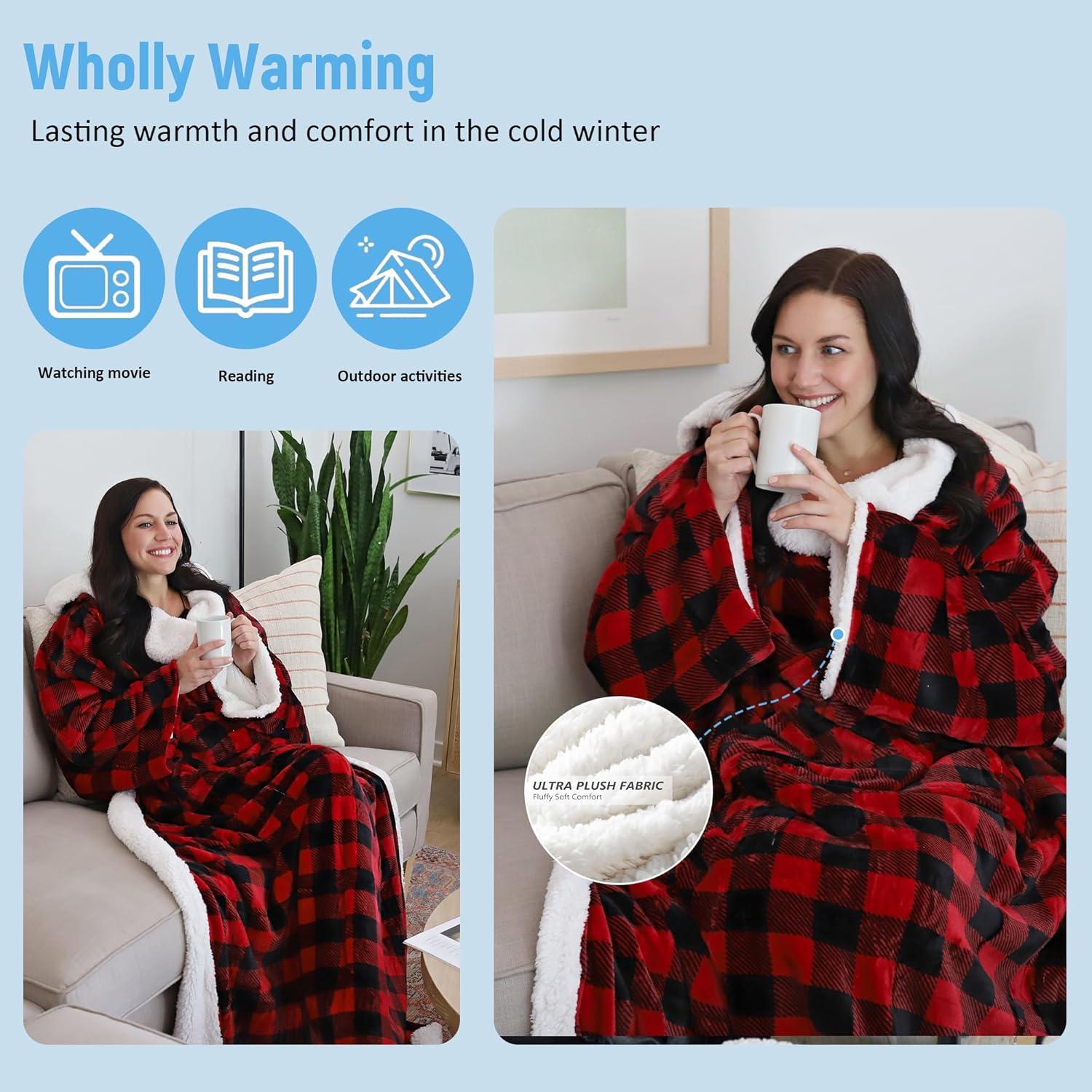 imageCatalonia Sherpa Wearable Blanket with Sleeves ArmsPlaid Red