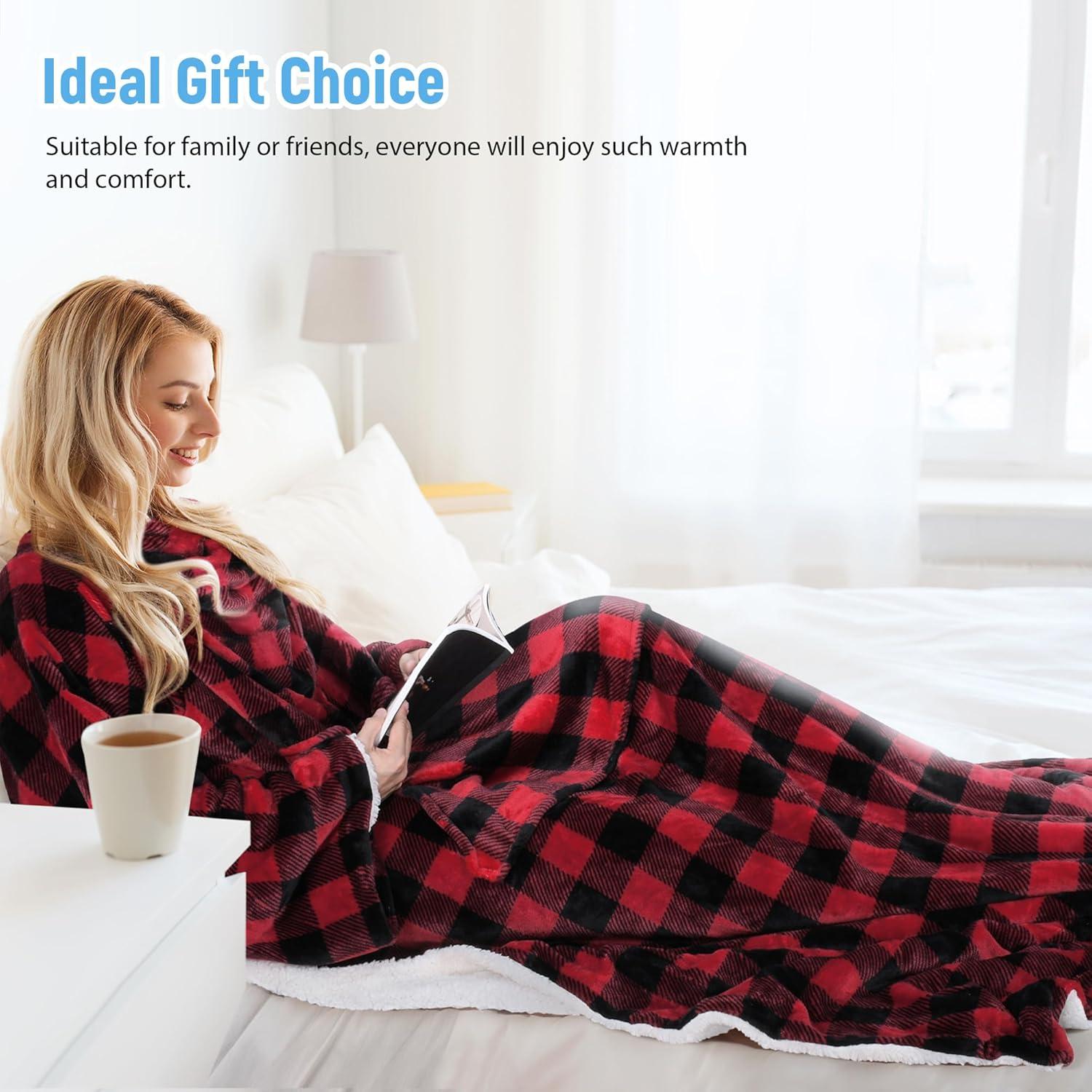 imageCatalonia Sherpa Wearable Blanket with Sleeves ArmsPlaid Red