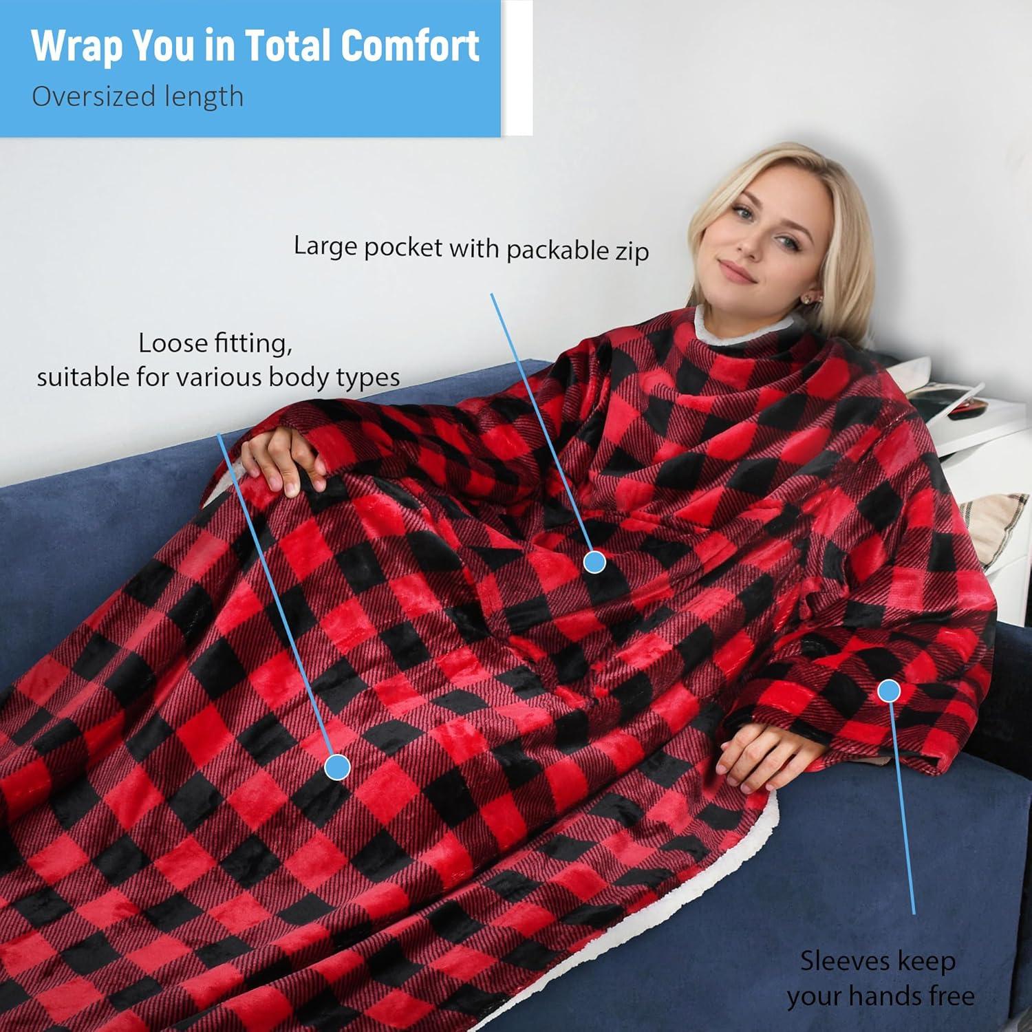 imageCatalonia Sherpa Wearable Blanket with Sleeves ArmsPlaid Red