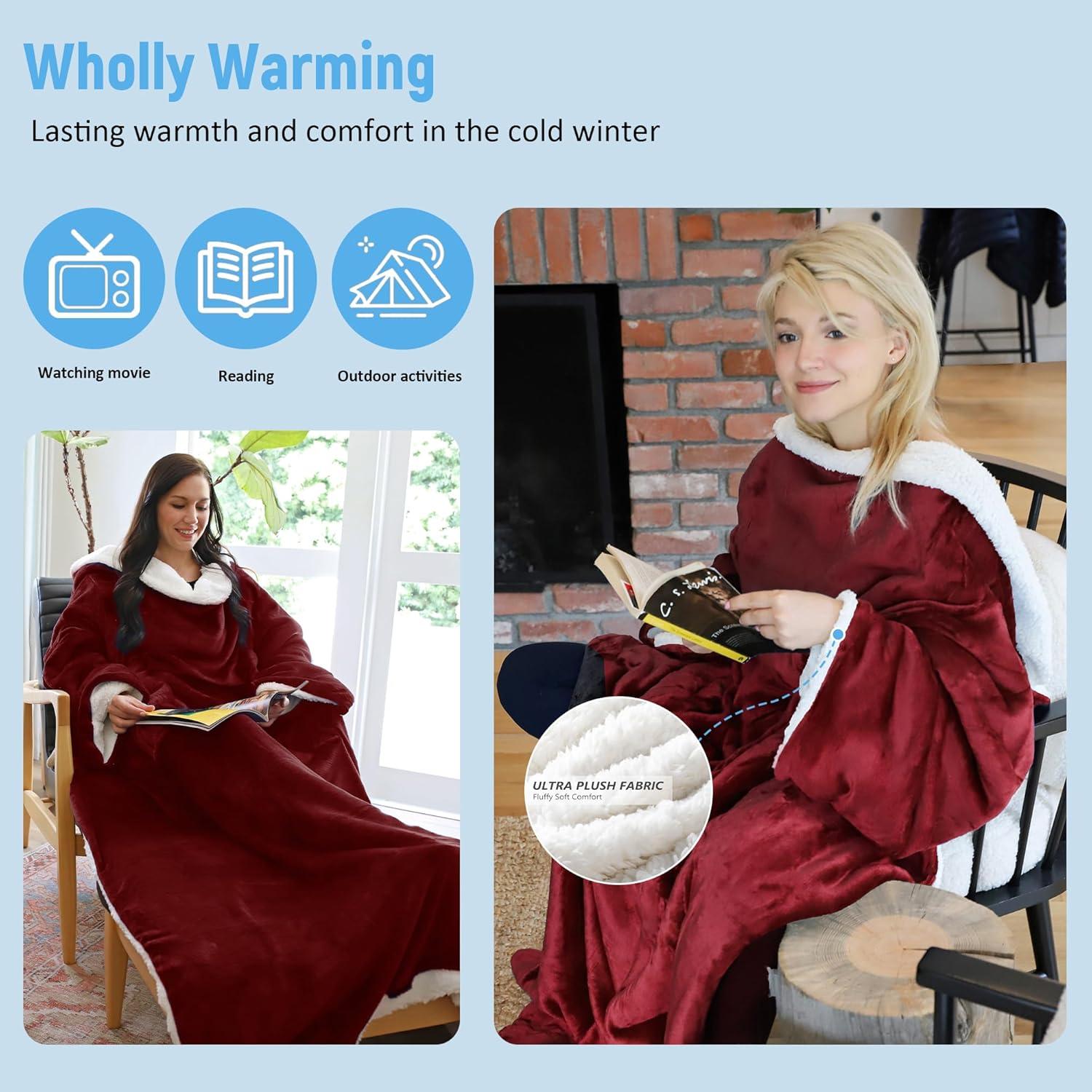 imageCatalonia Sherpa Wearable Blanket with Sleeves ArmsWine