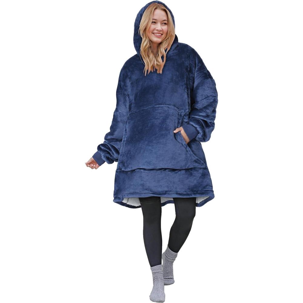 imageCatalonia Oversized Blanket Hoodie Sweatshirt Wearable Sherpa Blanket Pullover Gift for HerNavy