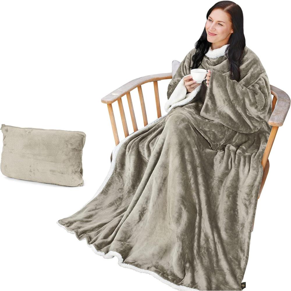 imageCatalonia Sherpa Wearable Blanket with Sleeves ArmsCamel