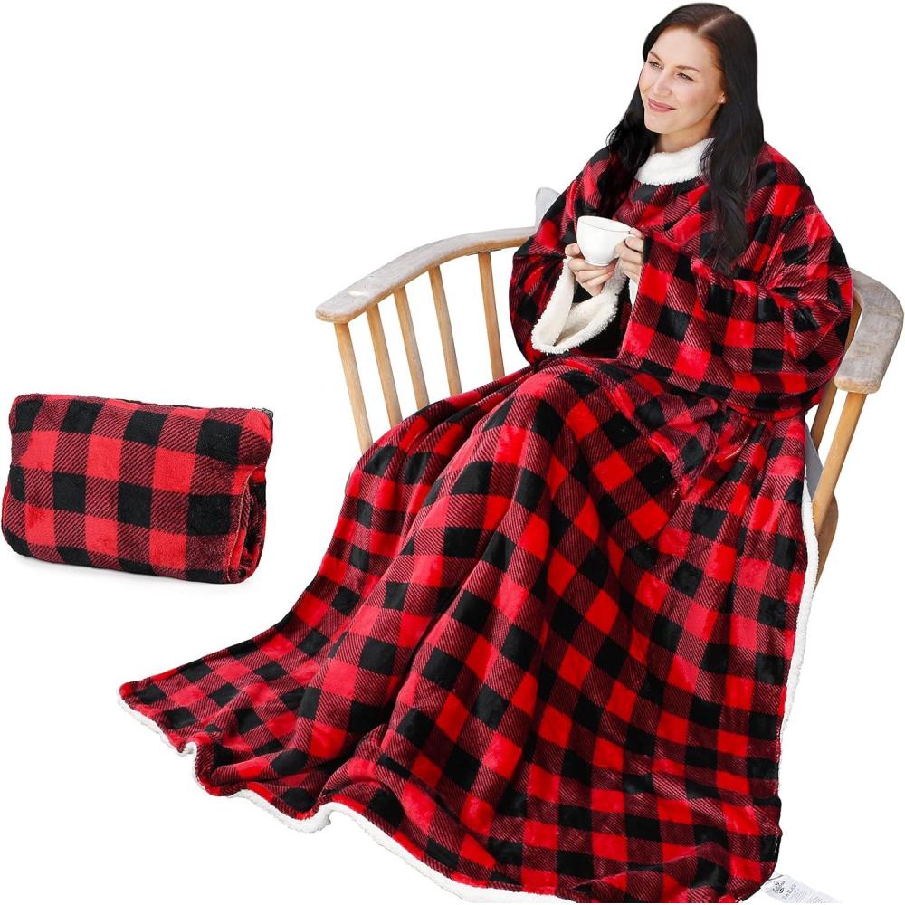 imageCatalonia Sherpa Wearable Blanket with Sleeves ArmsPlaid Red