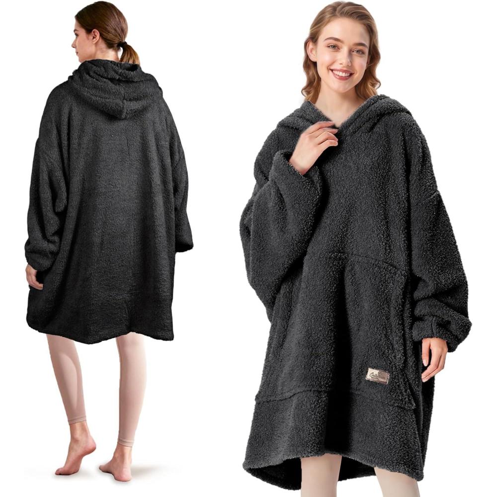 imageCatalonia Wearable Blanket Hoodie Oversized Hoodie Blanket Sweatshirt Blanket for Women Men AdultsBlack