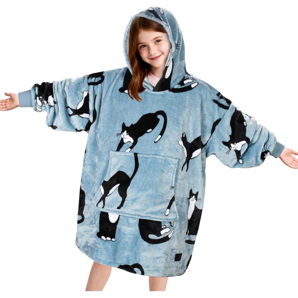 imageCatalonia Wearable Blanket Hoodie for Kids Oversized Warm Cozy Hooded Blanket Sweatshirt Blanket with Pocket amp SleevesWondercat Gray