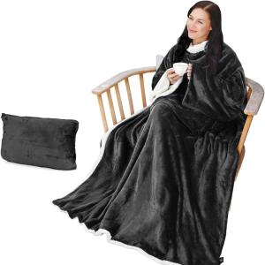Catalonia Sherpa Wearable Blanket with Sleeves Arms(Black)