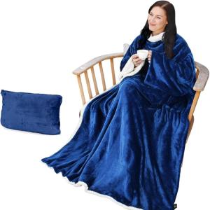 Catalonia Sherpa Wearable Blanket with Sleeves Arms(Blue)