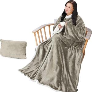 Catalonia Sherpa Wearable Blanket with Sleeves Arms(Camel)