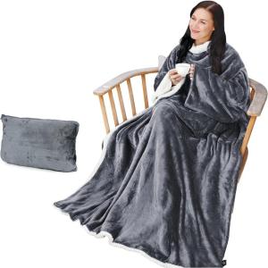 Catalonia Sherpa Wearable Blanket with Sleeves Arms(Gray)