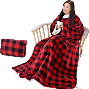 Catalonia Sherpa Wearable Blanket with Sleeves Arms(Plaid Red)