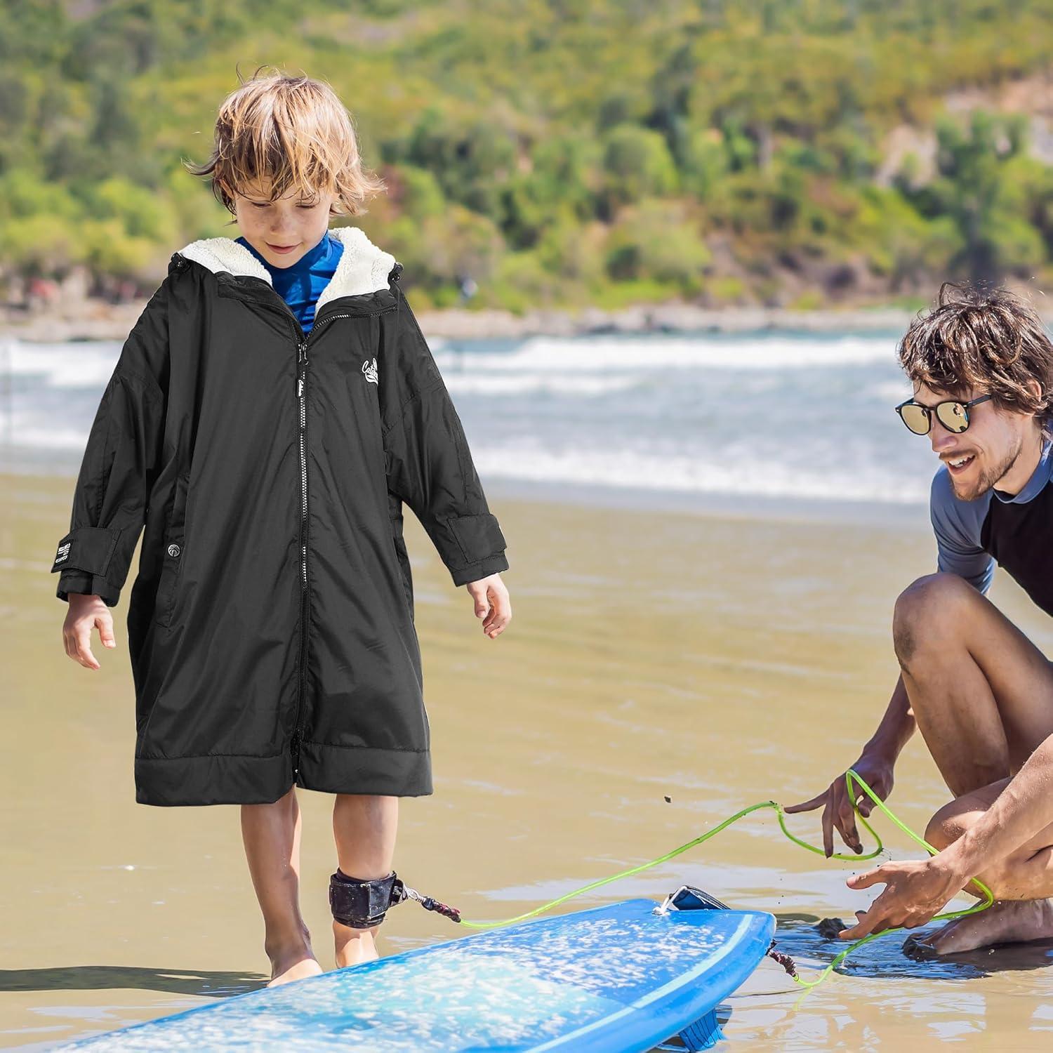 imageCatalonia Swim Parka with Hood Lightweight Youth Surf Swim Jacket Waterproof amp Warm Sherpa Lined Swim CoatBlack