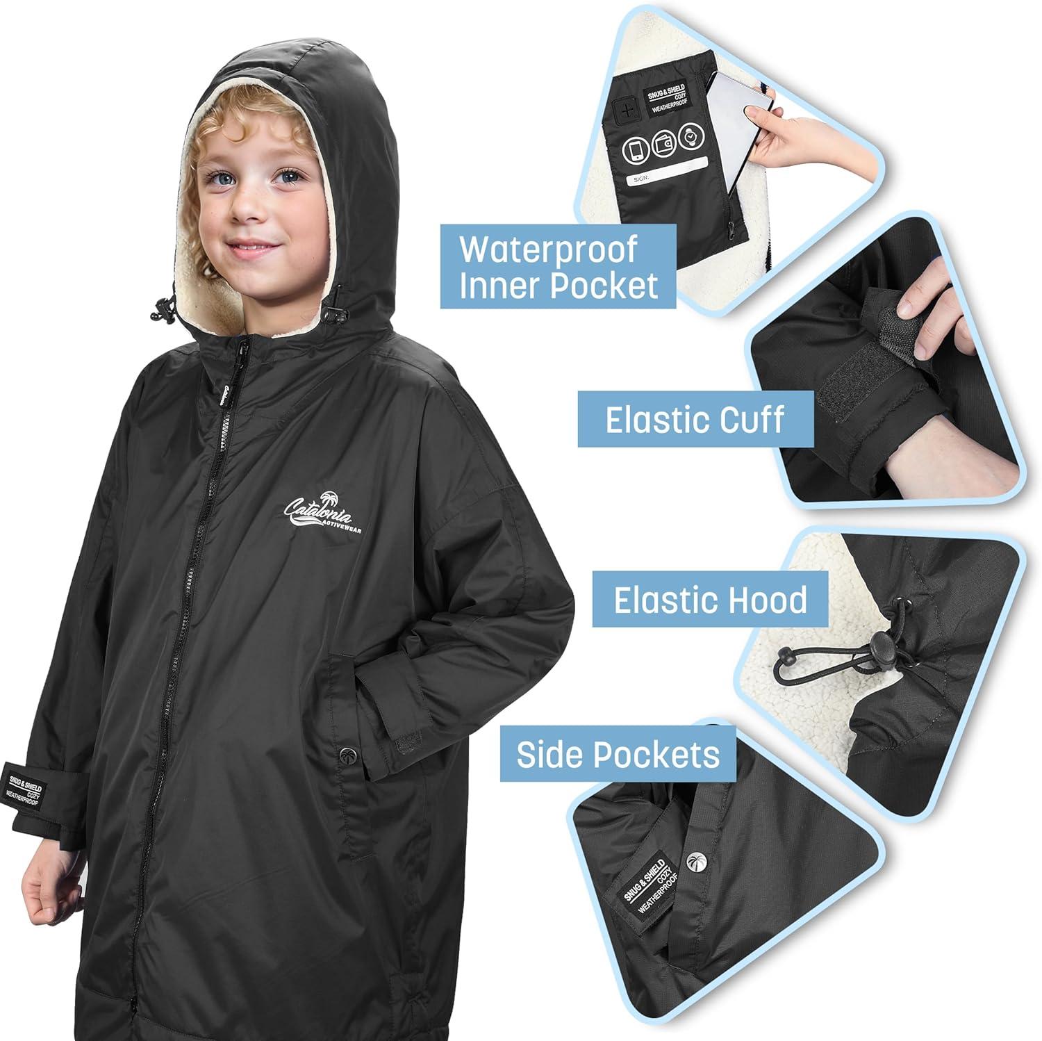 imageCatalonia Swim Parka with Hood Lightweight Youth Surf Swim Jacket Waterproof amp Warm Sherpa Lined Swim CoatBlack