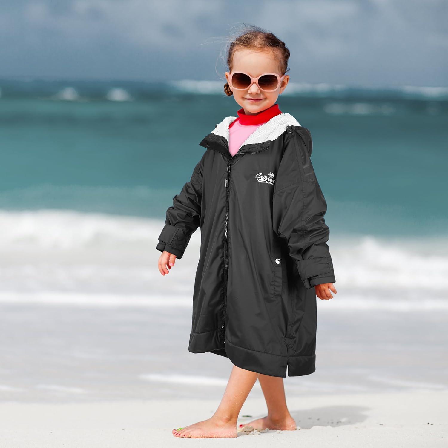 imageCatalonia Swim Parka with Hood Lightweight Youth Surf Swim Jacket Waterproof amp Warm Sherpa Lined Swim CoatBlack