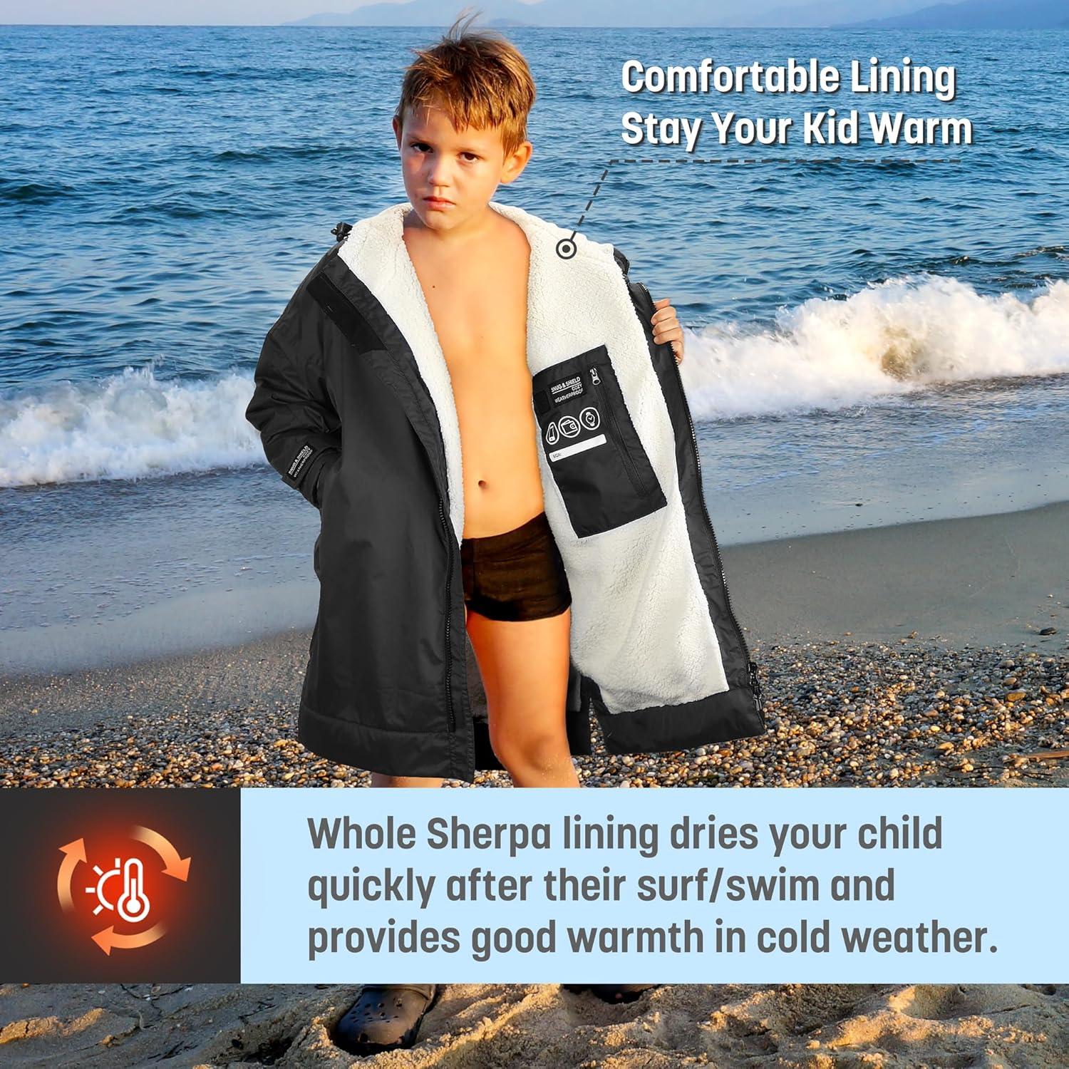 imageCatalonia Swim Parka with Hood Lightweight Youth Surf Swim Jacket Waterproof amp Warm Sherpa Lined Swim CoatBlack