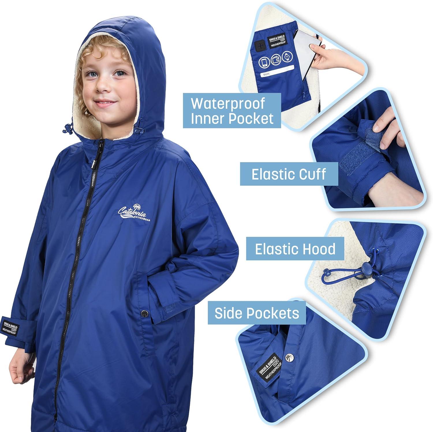 imageCatalonia Swim Parka with Hood Lightweight Youth Surf Swim Jacket Waterproof amp Warm Sherpa Lined Swim CoatBlue