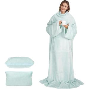 Catalonia Packable Travel Wearable Blanket Pillow with Sleeves for Adults, 2 in 1 Wearable Blanket with Pockets(Aqua)