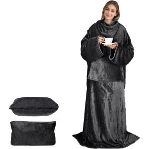 Catalonia Packable Travel Wearable Blanket Pillow with Sleeves for Adults, 2 in 1 Wearable Blanket with Pockets(Black)